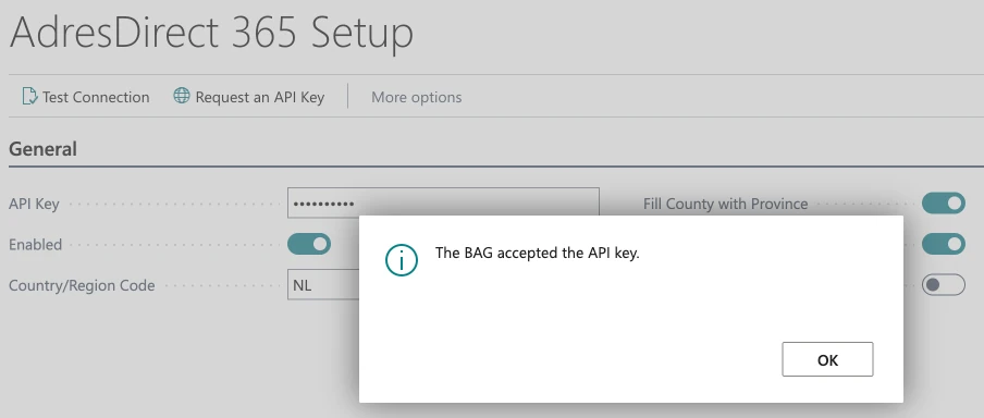 De pagina AdresDirect 365 Setup met de acties Test Connection en Request an API Key, een afgeschermde API-sleutel en de melding The BAG accepted the API key