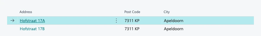 De lijst Pick an Address met twee adressen bij postcode 7311 KP in Apeldoorn: Hofstraat 17A, geselecteerd, en Hofstraat 17B