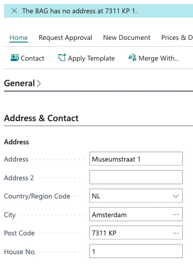 De klantkaart met de melding The BAG has no address at 7311 KP 1, terwijl Address Museumstraat 1 en City Amsterdam blijven staan naast Post Code 7311 KP