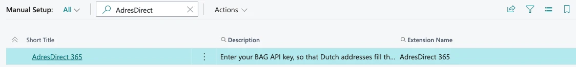 The Manual Setup list, searched for AdresDirect, with the line AdresDirect 365 and the description Enter your BAG API key