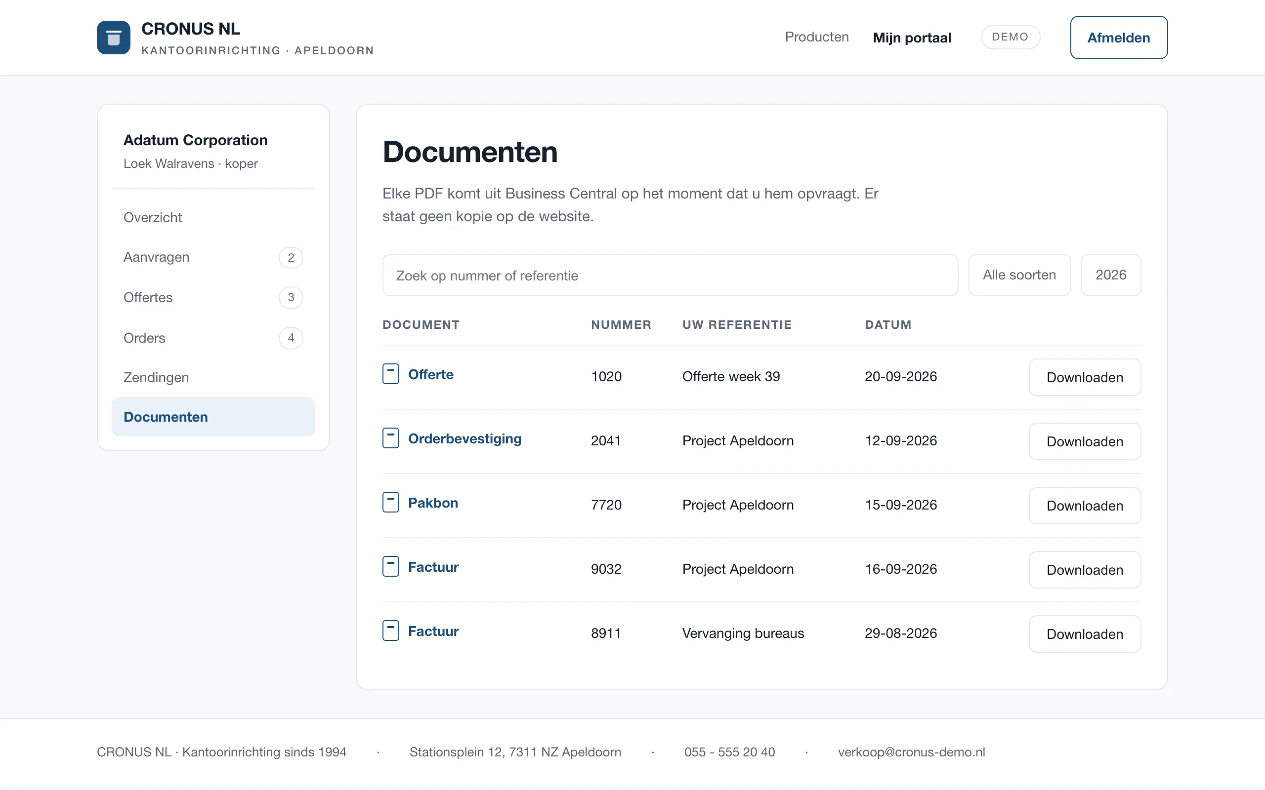 De documentenpagina van het portaal met offerte, orderbevestiging, pakbon en twee facturen, elk met een downloadknop