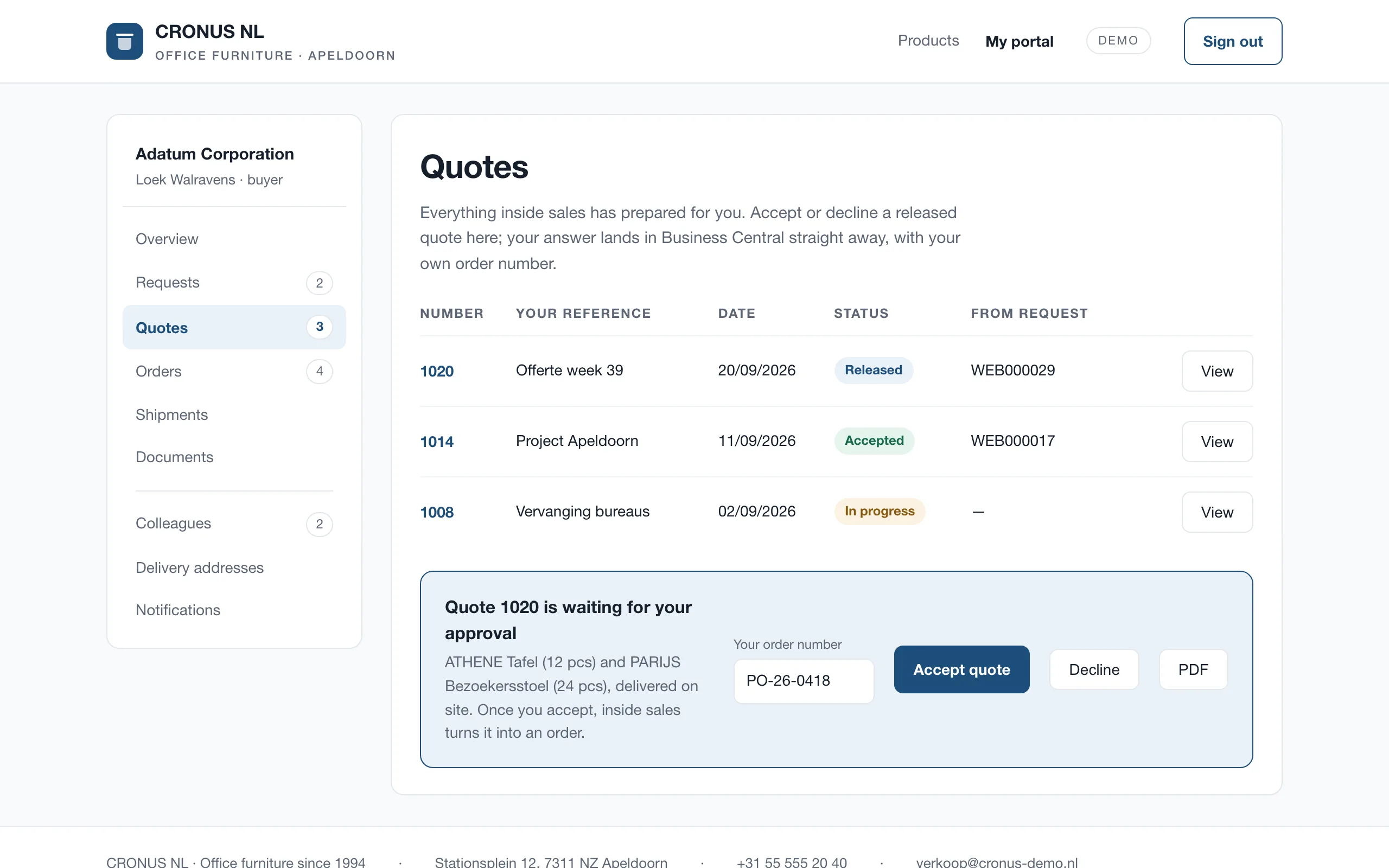 The customer portal in a demo setup: quotes with their status, and buttons to accept or decline the open one