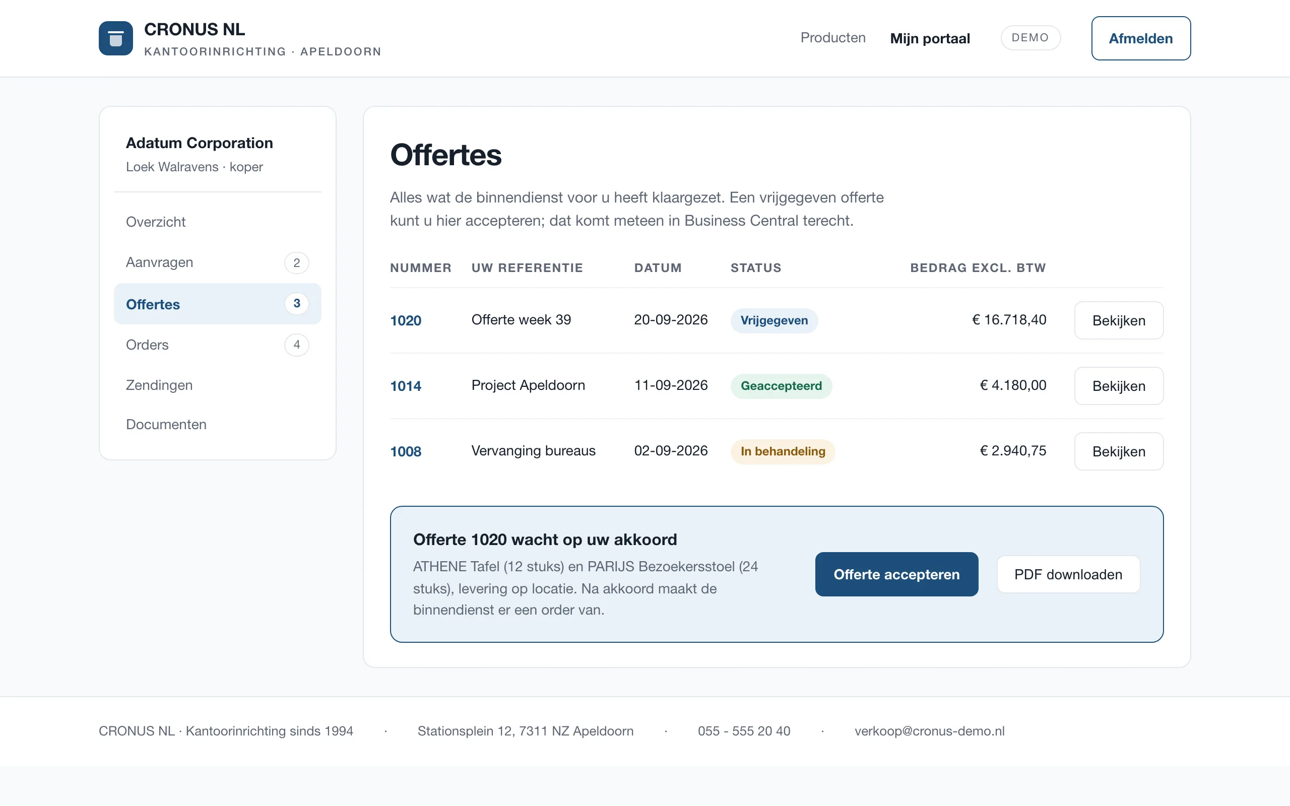 Het klantportaal in een demo-opzet: offertes met hun status, en een knop om de openstaande offerte te accepteren