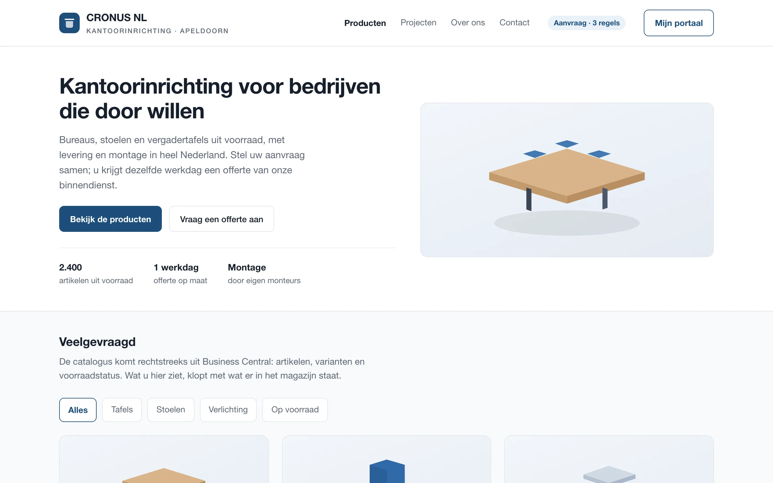 De productenpagina van een demowebsite met zes technische artikelen, filters en knoppen om ze in een aanvraag te zetten