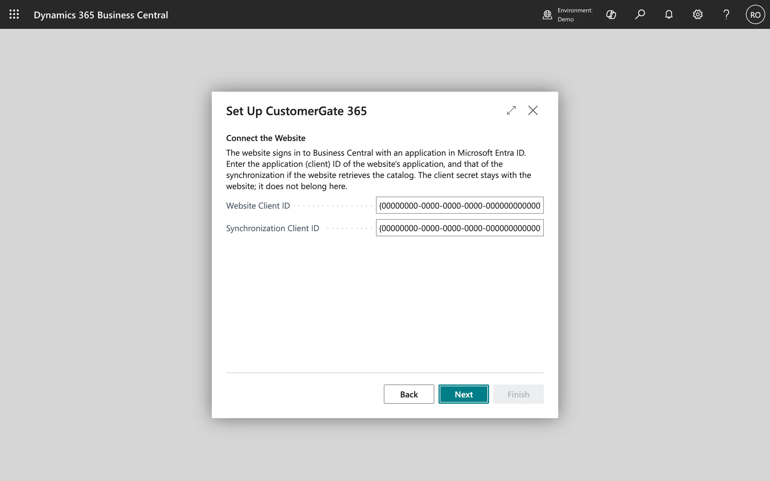 De stap Connect the Website, met velden voor de client-id en de melding dat het geheim bij de website blijft