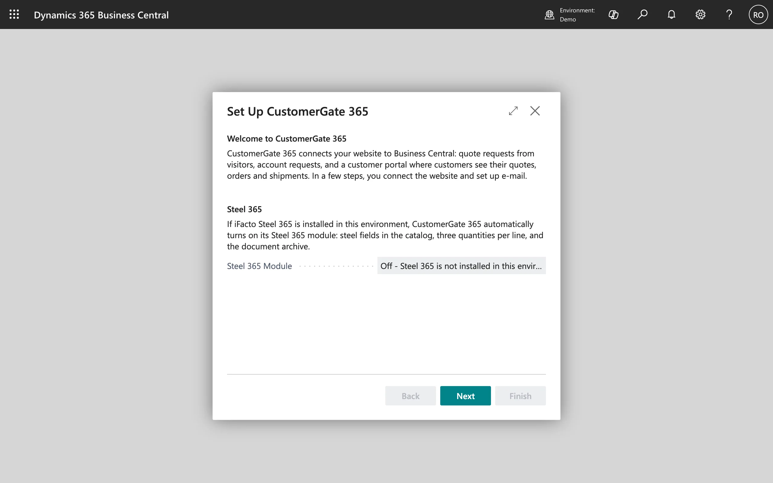 De wizard Set Up CustomerGate 365, met de module voor de branchesoftware op Off omdat die hier niet is geïnstalleerd