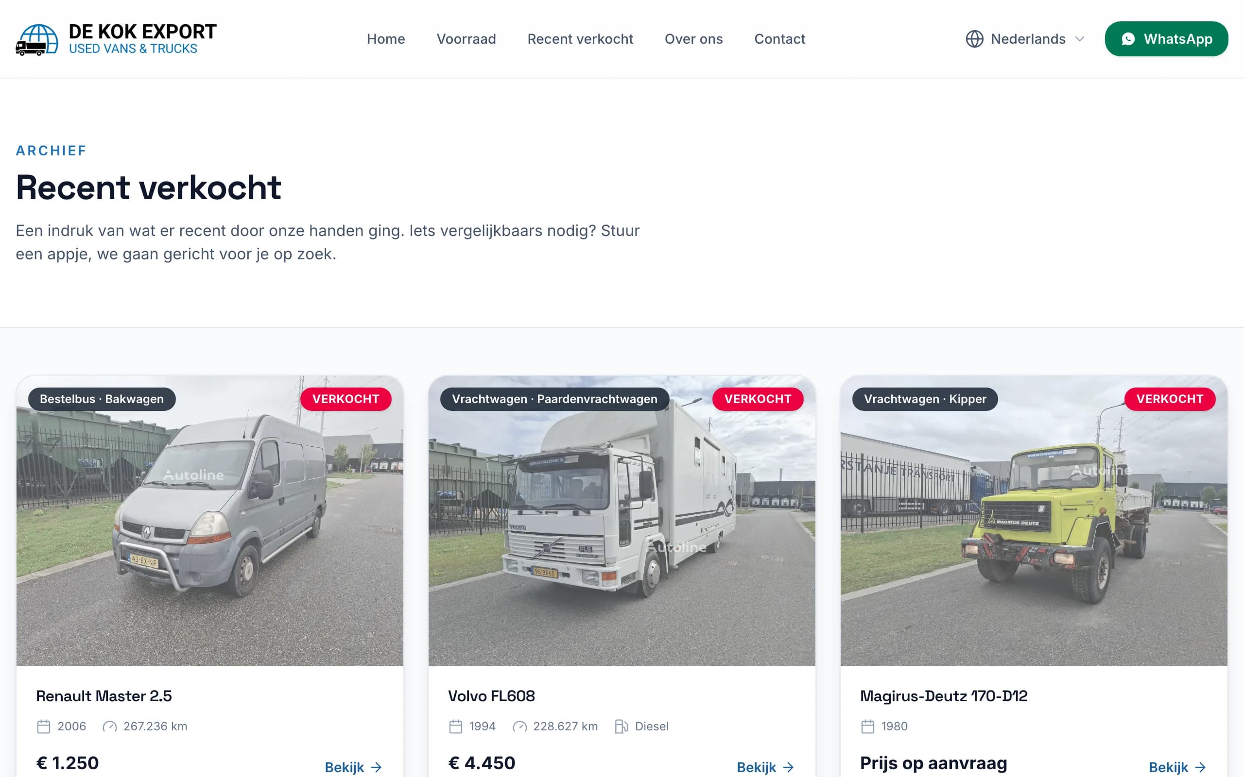 De pagina Recent verkocht met voertuigen die niet meer op voorraad zijn