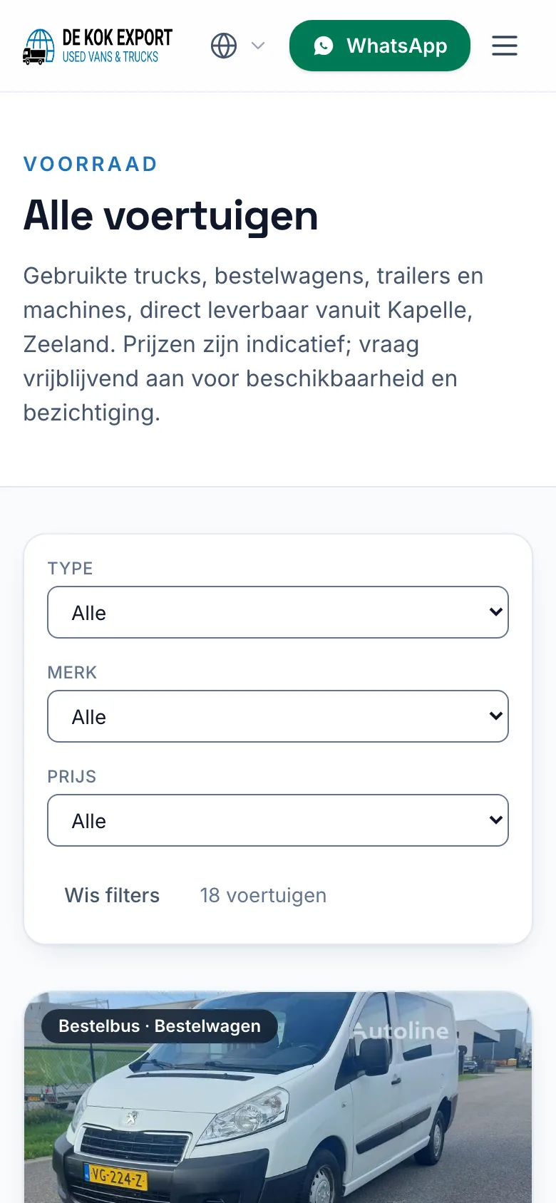 De voorraadpagina op een telefoon, met de filters boven de voertuigen