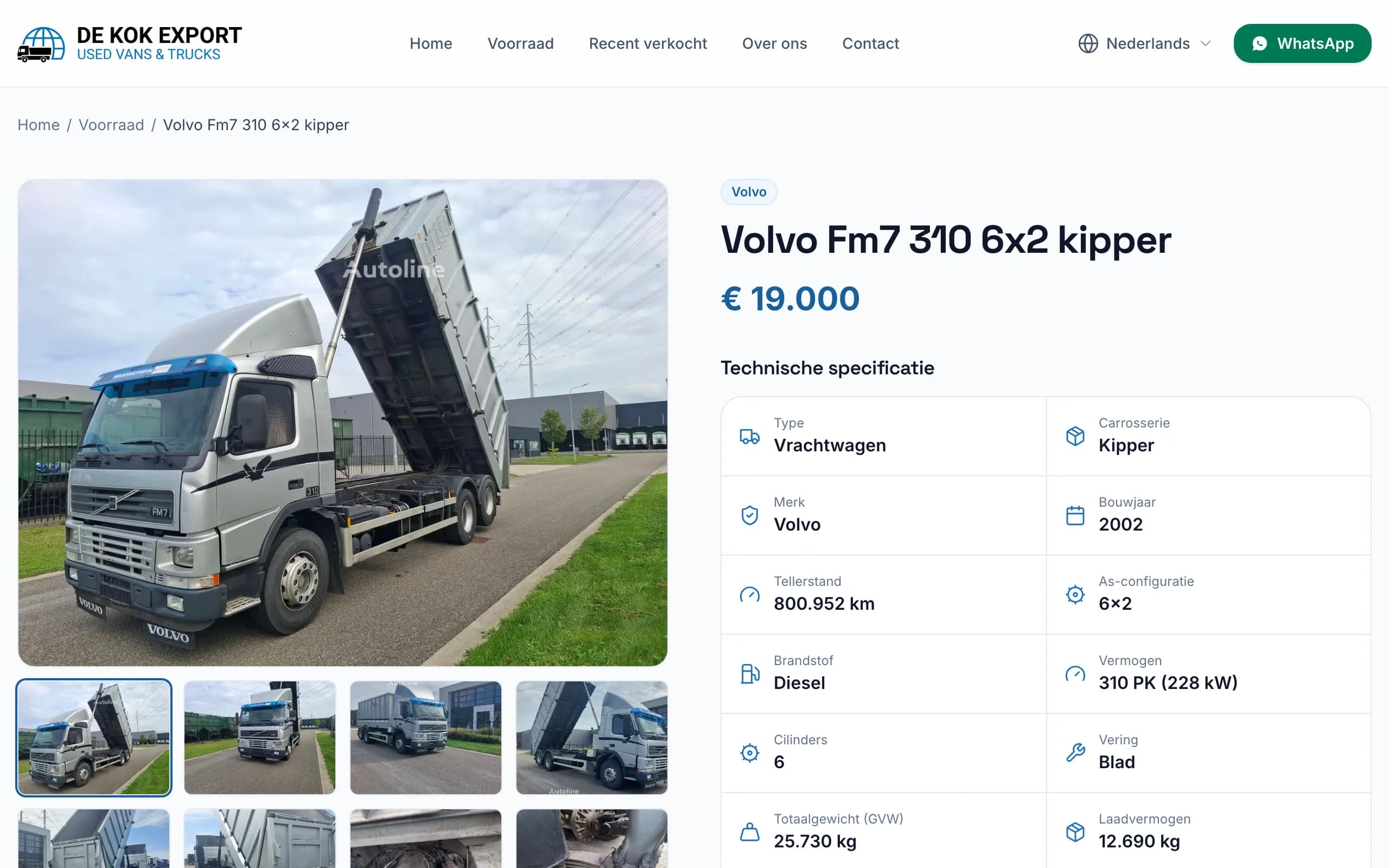 De pagina van een Volvo-kipper: fotogalerij, gegevens en contactknoppen