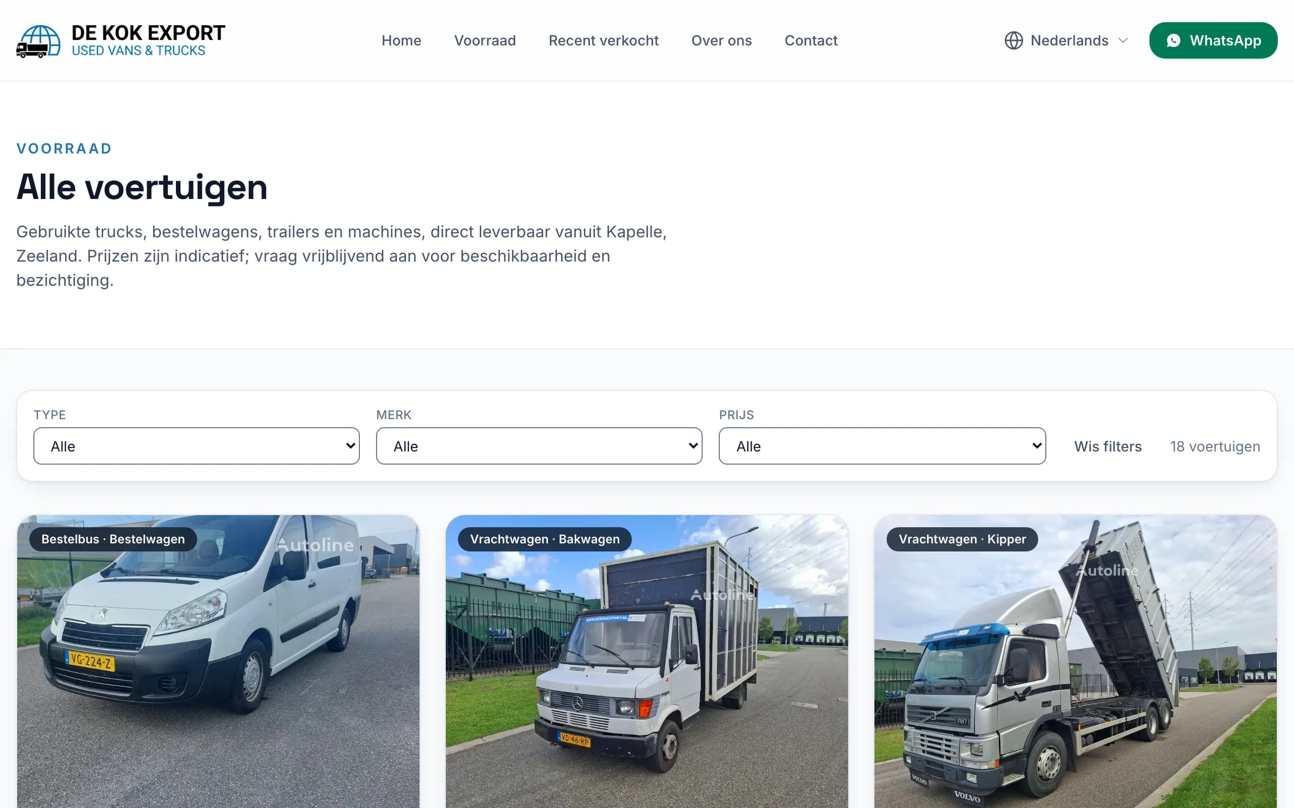 De voorraadpagina met filters op type, merk en prijs, en de eerste voertuigen eronder