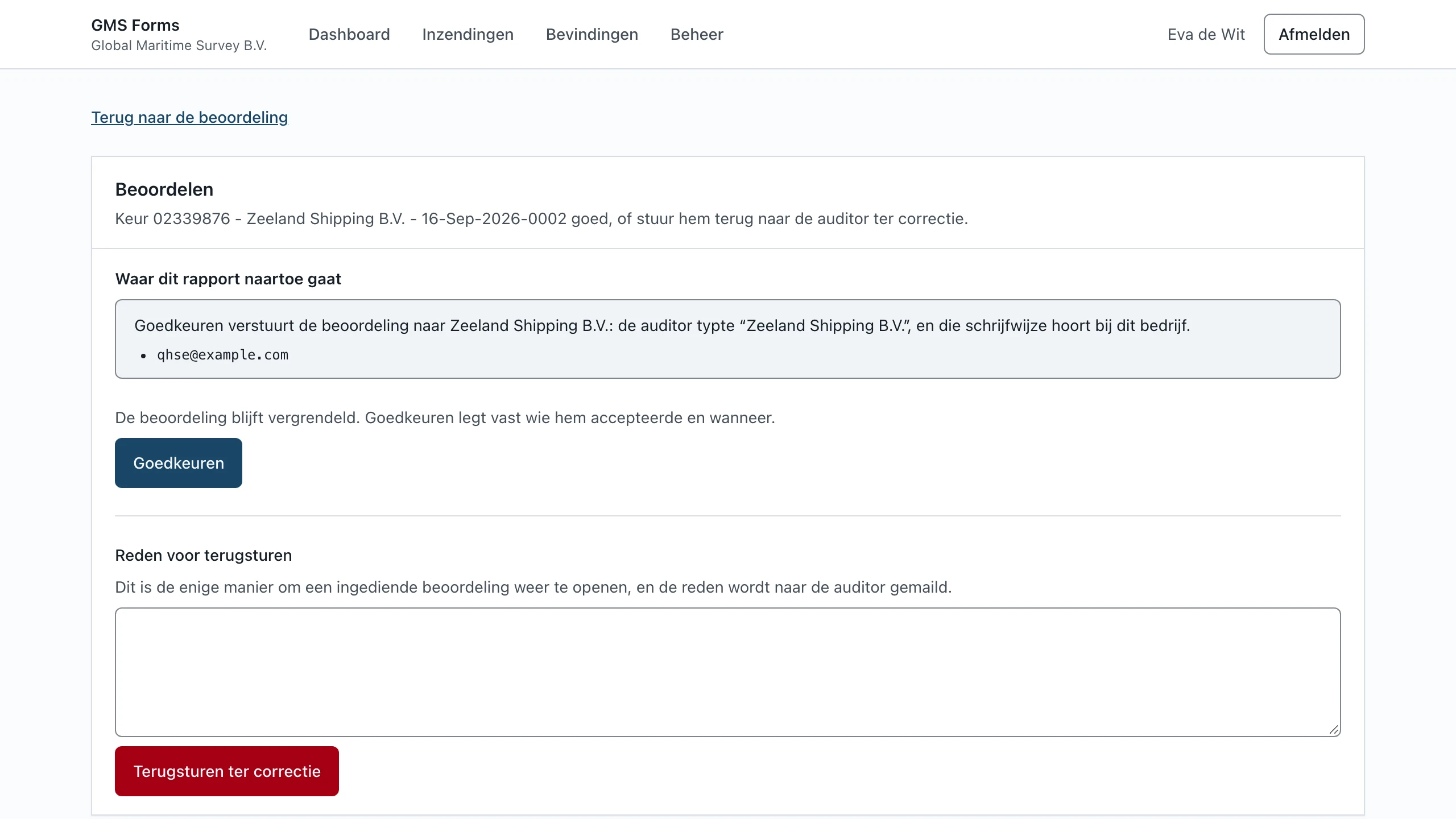 The review screen: approve or return, with the addresses the report will be sent to