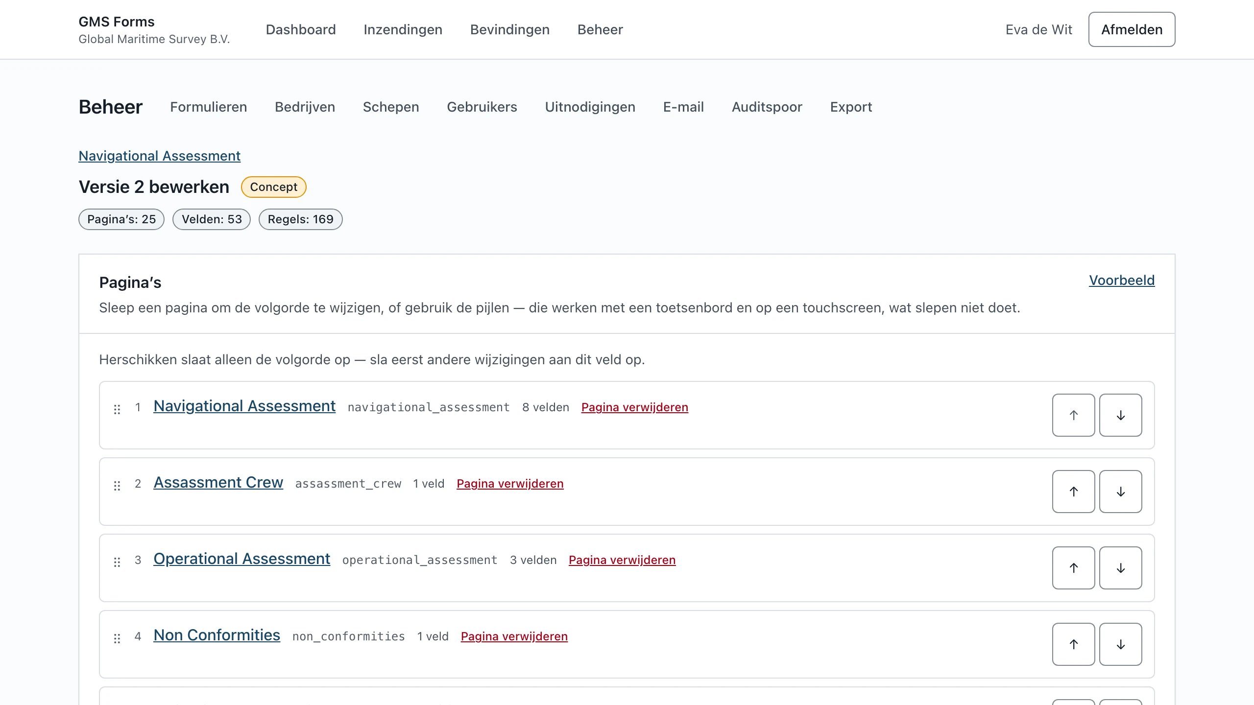 The form builder with the pages of the Navigational Assessment, ready to reorder and edit