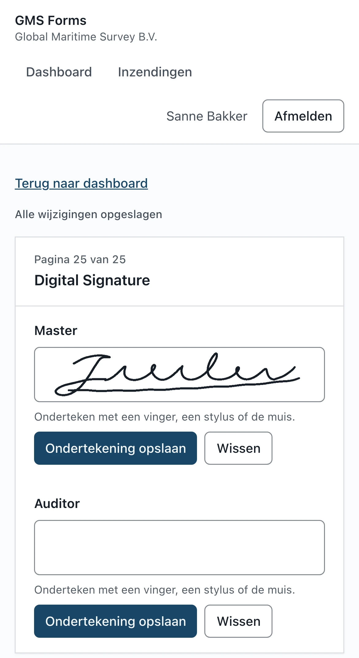 Signing on a phone: the master's signature is in the box, the auditor's is next