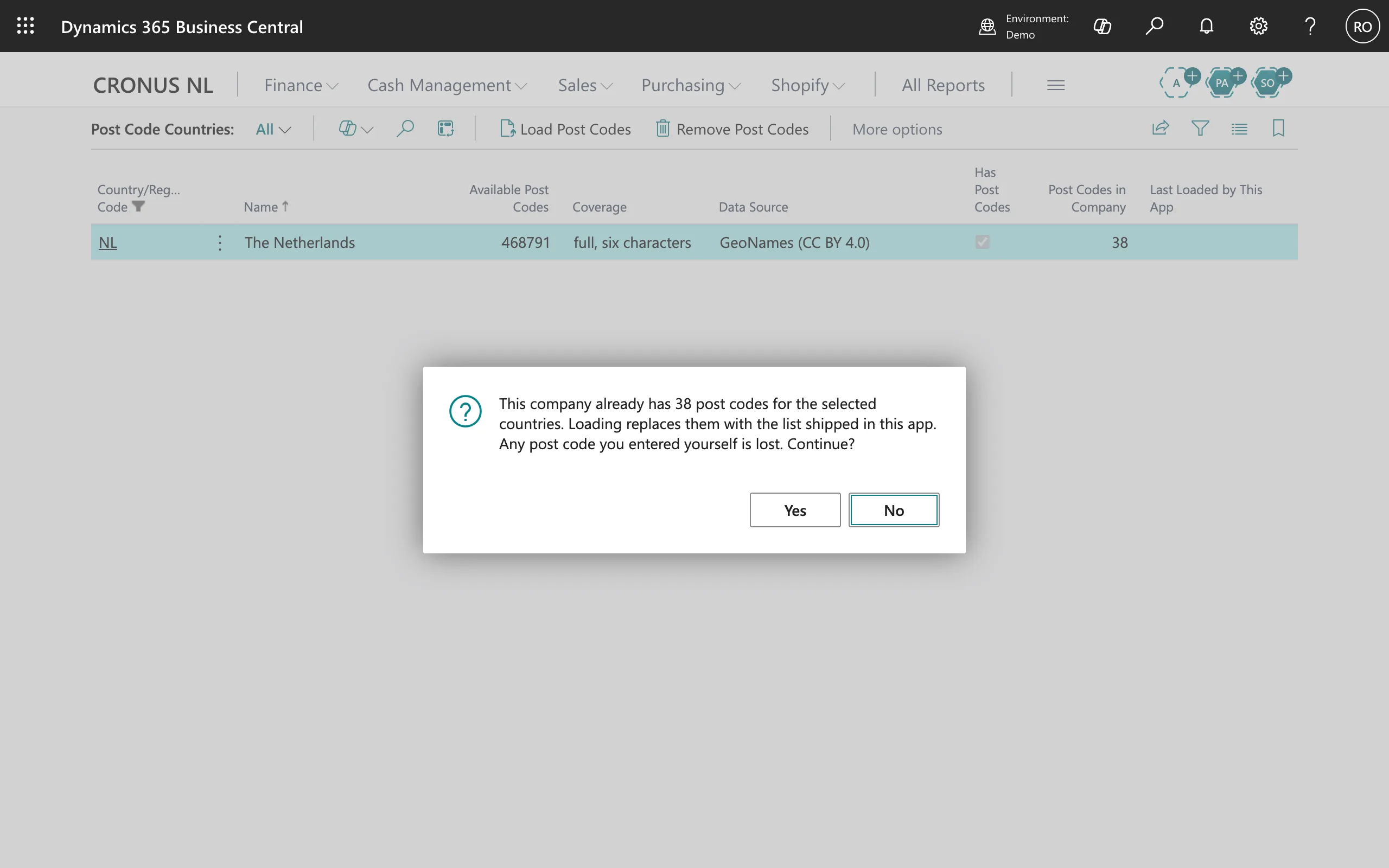 The confirmation: this company already has 38 post codes for the selected countries, and loading replaces them